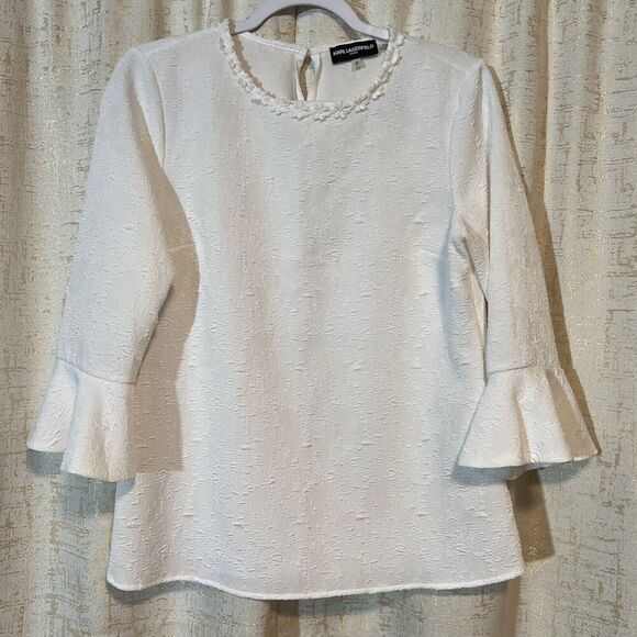 Karl Lagerfeld Paris Cream Floral Peasant Blouse Floral Embroidery Women's Small - Picture 1 of 6